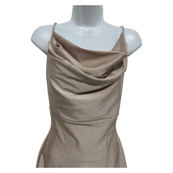 Glare Womens Size M Cowl Neck Beige Midi Slip Dress Bodycon Backless Formal - Picture 3 of 12